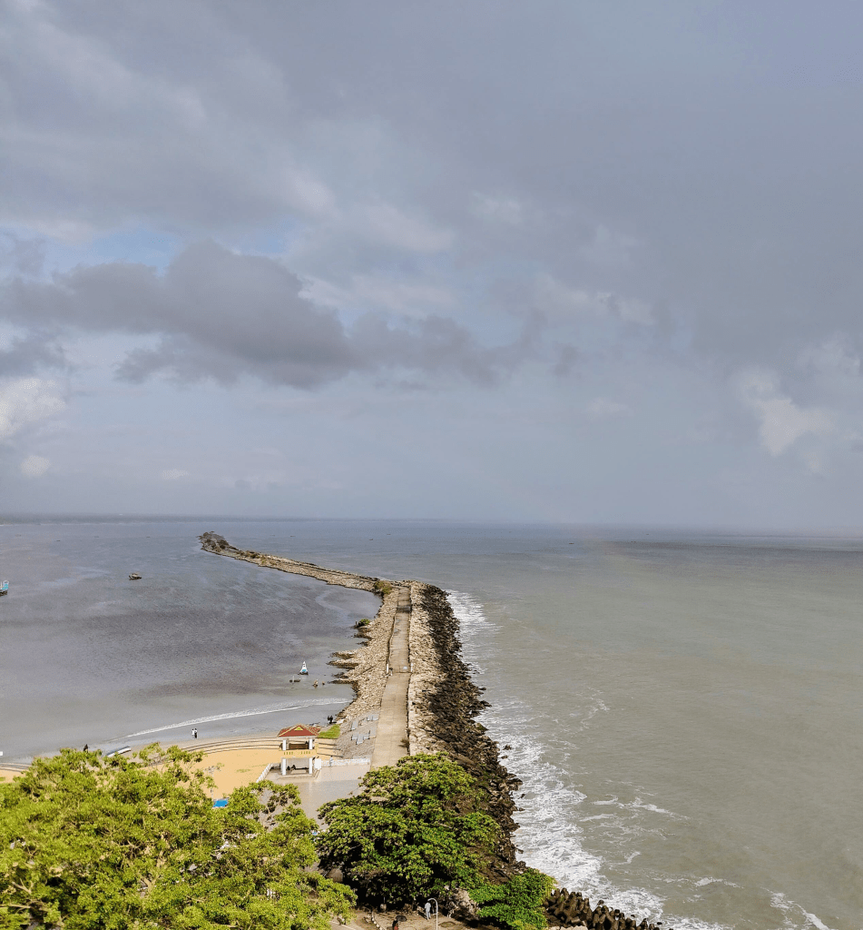 The Thangassery Sea Bridge, also known as Pulimutt, as seen from the lighthouse.